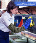 Person cleaning fish tank wearing 3 Pair Long Waterproof Gloves For Heavy Duty Work Reusable PVC Chemical Resistant 28 Inch Padded Cotton Lined Acid And Oil Resistant Durable Rubber Gloves For Home Garden Jobsite.