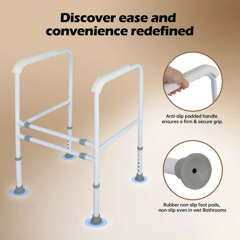 Foldable Toilet Safety Rails With Adjustable Stability Frame Built Damn Tough For Sit And Stand Mobility features anti-slip padded handles.