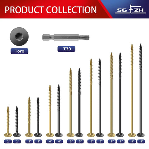 Heavy Duty 2 Inch Outdoor Structural Wood Deck Screws Size 14, 94 Pieces, Carbon Steel, Black, Flat Head, Rust Resistant Epoxy Coated With T30 Star Bit