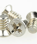 Top Shelf Number 6 32 By One Quarter Inch Flat Head Phillips Screws Forged From Heavy Duty Steel With A Sleek Nickel Finish in close-up.