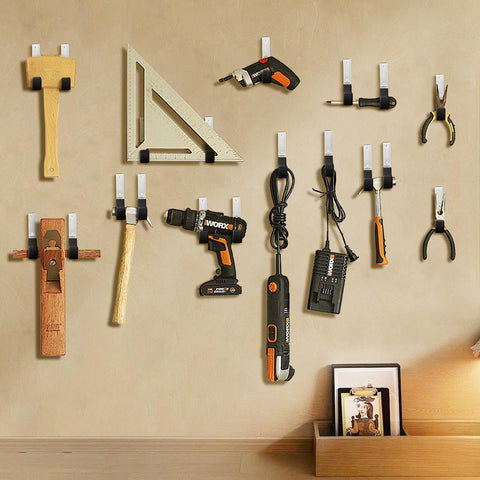 Beefy Steel Garage Hooks Set For Wall Mounts displayed with tools on wall, heavy duty utility hooks, anti slip PVC coated, black