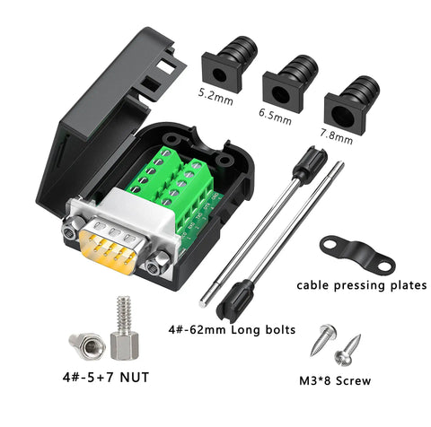 No Soldering Needed DB9 Serial Adapters Kit 1 Male 1 Female D Sub 9 Pin Connector For RS232 RS485 DIY Cable Build Easy Terminal Wiring Bolts Nuts And Screwdriver Included