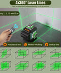 High Visibility 4x360 Degree Green Cross Line Laser Level in action with remote control showing four 360° laser lines on a wall