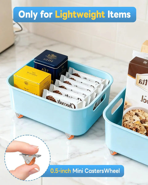 Mini Low Profile Rubber Caster Wheels 0.5 Inch, Self Adhesive And Screw Mounted Fixed Casters For Furniture And Appliances, No Sweat Setup Delivers A Slick Smooth Glide, Smart Mobility Hack For Desk Organizers And Storage Bins, Orange 16 Pack in use on a blue tray holding lightweight items.
