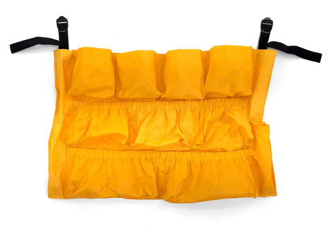 Front view of Janitorial Trash Can Caddy Bag Fits 32 To 48 Gallon Cans With 12 Pockets For Sprayers, Gloves, Mops And Brooms.