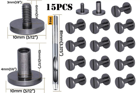 Hella Tough Badass Brass Chicago Screws And Rivets For Heavy Duty Bookbinding Leather Gear Purses Belts Shoes DIY Builds Smooth Ten Millimeter Gunmetal Metal Fasteners That Stick Around, pack of 15, 10mm size.