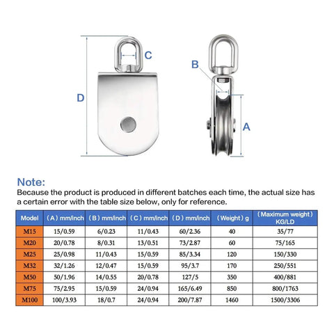 Cable Pulley Wheel Eight-Piece M32 Heavy Duty Stainless Steel Single Pulley Block Rigging Wheel With 360 Degree Swivel Hook For Crane Lifting Hauling And Industrial Use. M32 stainless pulley dimensions chart