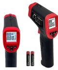 Handheld Infrared Temperature Gun For Cooking From Pizza To Grill And Oven, Fast Readout With Adjustable Emissivity 0.1 To 0.99, Fahrenheit Or Celsius, Max Min Memory, Auto Power, Great For Meat Food Griddle And Kitchen. Black and red handheld infrared thermometer with LCD display and batteries