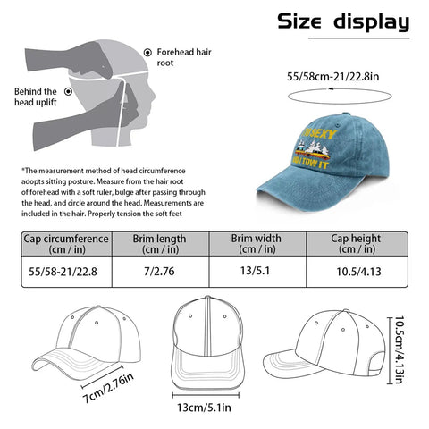 Size chart for Relaxed Fit RV Camper Hat For Men With Tow It Vibe Vintage Camping Truck Cap Adjustable Strap Outdoors Adventure Ready