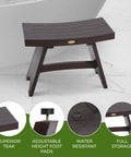 24-Inch Teak Shower Bench With Anti-Slip Flared Legs And Adjustable Foot Pads, shown with detailed features