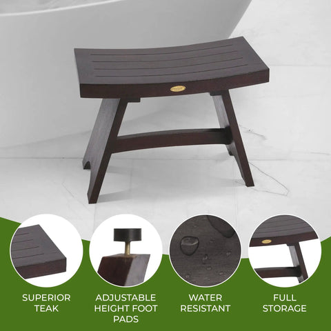 24-Inch Teak Shower Bench With Anti-Slip Flared Legs And Adjustable Foot Pads, shown with detailed features