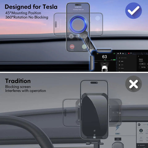 Tesla MagSafe Car Mount For 2024 Models Ultra Strong Magnetic Phone Holder showing correct and incorrect installation