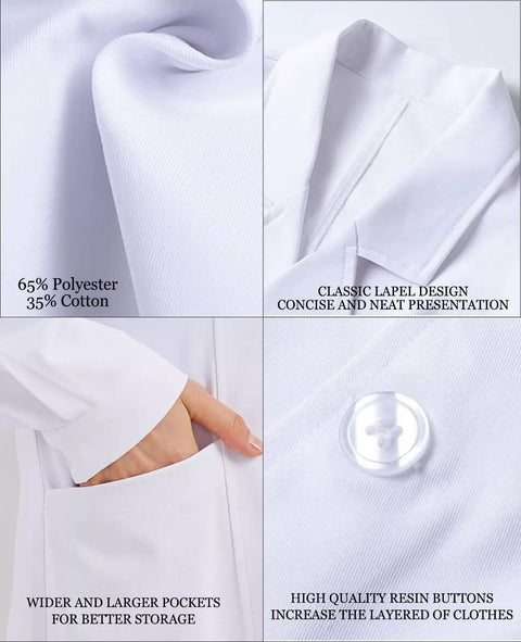 Customizable Lab Coat For Men And Women, Personalize With Icon, Name, And Photo, Unisex Medical Coat With Long Sleeves, Durable 65/35 Polyester Cotton, Stain Resistant, Easy Care And All Day Comfort featuring classic lapel, resin buttons, and large pockets.