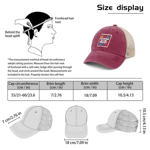 Lightweight Washed Cotton Trucker Hat For Women And Girls Deep Rose Adjustable Strap Dad Cap diagram with size measurements