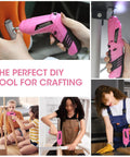 Various uses of Pink Cordless Mini Screwdriver Kit With 3.7V Rechargeable Power, 47-piece driver bit set, in home projects.
