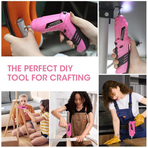 Various uses of Pink Cordless Mini Screwdriver Kit With 3.7V Rechargeable Power, 47-piece driver bit set, in home projects.