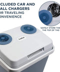 Portable Electric Cooler And Warmer With Rugged Carry Handle, Thermoelectric Camp Fridge with chargers stored on top.