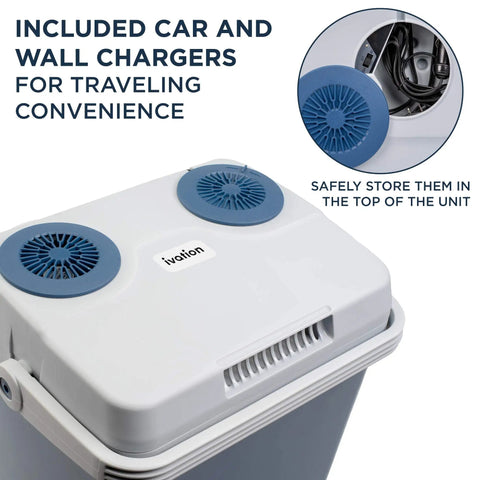 Portable Electric Cooler And Warmer With Rugged Carry Handle, Thermoelectric Camp Fridge with chargers stored on top.