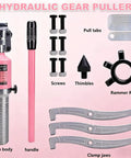 Rock Solid Heavy Duty Hydraulic Gear Puller 5 Ton For Bearings With 3 Jaw Hub Separation Kit On Trains Trucks And Machinery Made From Premium Steel Built To Do Heavy Lifting On Rough Jobsites Zero Issues Or Breakage Ever., pink hydraulic gear puller kit with pump body, handle, screws, clamp jaws