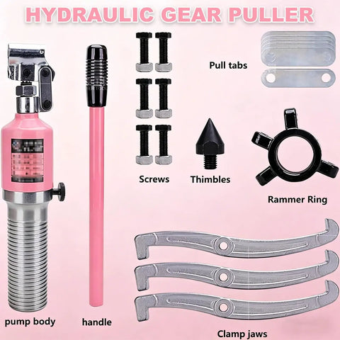 Rock Solid Heavy Duty Hydraulic Gear Puller 5 Ton For Bearings With 3 Jaw Hub Separation Kit On Trains Trucks And Machinery Made From Premium Steel Built To Do Heavy Lifting On Rough Jobsites Zero Issues Or Breakage Ever., pink hydraulic gear puller kit with pump body, handle, screws, clamp jaws