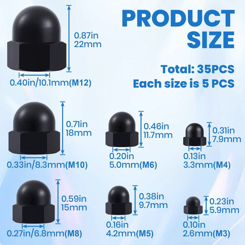 35Pcs Thread Cap Hex Knob Set Black M3 To M12 Carbon Steel Ball Lamp Decoration And Light Fixture Fastening Nuts size chart