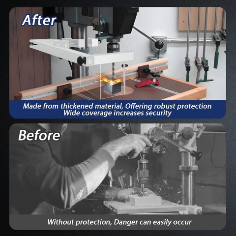 Image showing before and after of Drill Press Guard With Flip Shield For 2 To 4 Inch Column Diameters Fits Benchtop And Floor Model Drills.