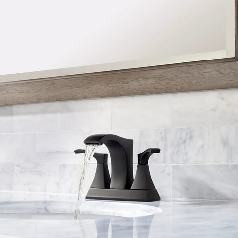 Venturi 4 Inch Centerset Bathroom Sink Faucet with Two Handles for 3 Hole Sinks in Matte Black Finish Push and Seal Drain Easy Install Durable Build For Longevity LF048VNBB