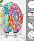Elongated Toilet Seat for Bathroom with colorful floral design, 14.5" x 18.5", featuring stainless steel hinges.