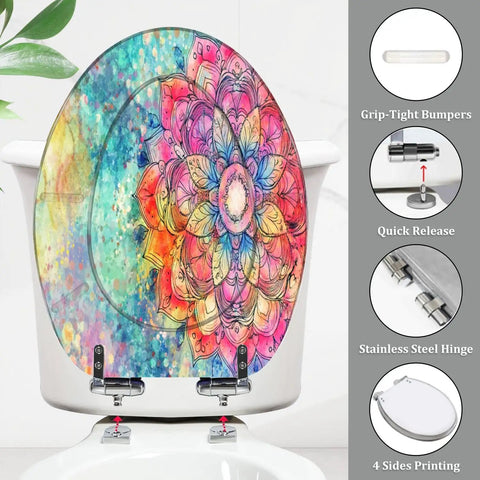 Elongated Toilet Seat for Bathroom with colorful floral design, 14.5" x 18.5", featuring stainless steel hinges.