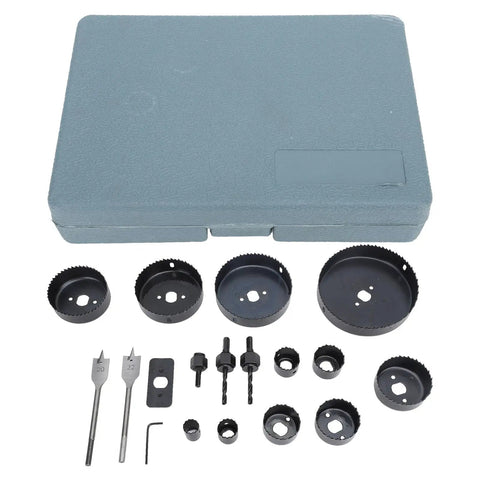 Jiawu 18Pc Multifunctional Carbon Steel Hole Saw Kit For Fast Accurate Cuts In Plasterboard Drywall With Convenient Storage Case And Durable Blades For Heavy Duty Use, with case and assorted saw sizes