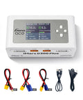 Compact Dual LiPo Charger For RC Fans With Bluetooth App Control, 16A AC 300W DC 700W, cables included, white design.