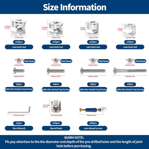 Must Have 121 Piece Furniture Hardware Kit With Cam Lock Fasteners, Bed Frame Bolts M6x20/40/60/80, Barrel Nuts, size chart