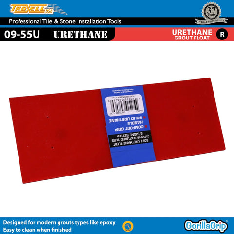 Back view of 4 By 9 Inch Urethane Grout Float With SoftGrip Handle, showing red urethane body and packaging label