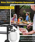 Grill hose and regulator kit with easy install for Genesis Spirit Summit front control grills 300 series in use at barbecue.