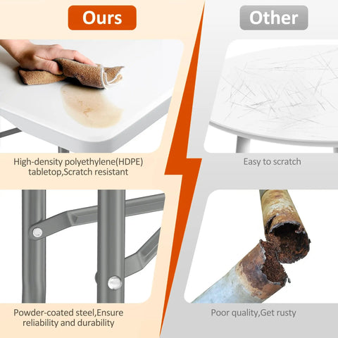 Comparison of Beefy Folding Table 6Ft Heavy Duty 350 Lb Capacity With 18 Percent Thicker HDPE Waterproof Top and a scratched table.