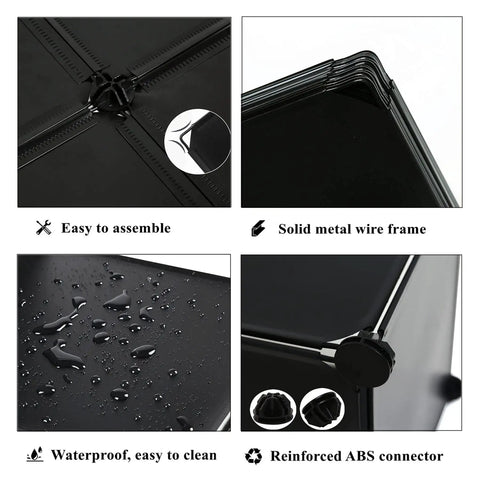 Close-up of Boss 16 Cube Storage Organizer System showing waterproof panels, ABS connectors, and solid metal frame.