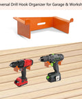 Heavy Duty Drill Holder 2 Pack Wall Mount Hook for Cordless Drills Universal Power Tool Organizer shown with two drills