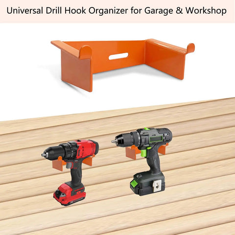 Heavy Duty Drill Holder 2 Pack Wall Mount Hook for Cordless Drills Universal Power Tool Organizer shown with two drills