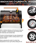 Portable Charcoal Grill With Thermometer, Tabletop BBQ Grill, showing cylindrical design, chimney, thermometer, and air vents.