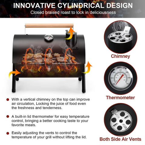 Portable Charcoal Grill With Thermometer, Tabletop BBQ Grill, showing cylindrical design, chimney, thermometer, and air vents.