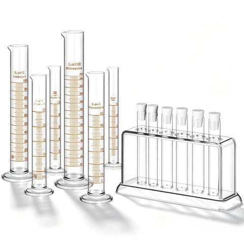 Six Piece Glass Graduated Cylinder Set With Rack 5Ml To 250Ml Clear Lab Tubes For Chemistry Projects Home Science Lab DIY