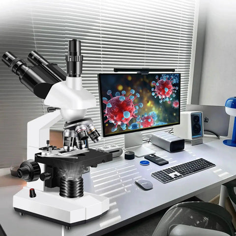 Trinocular Microscope For Adults 40X-5000X Magnification, Lab Grade With Dual Mechanical Stage And HD USB Camera, Electronic Eyepiece, Wide Angle Eyepieces, Ideal For Education, Research, And Digital Imaging on desk with monitor