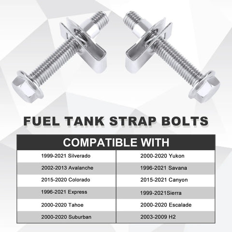 Rugged 304 Stainless Fuel Tank Strap Bolts Kit With Locking Nuts for Silverado 1999 to 2021, rust proof, easy install.