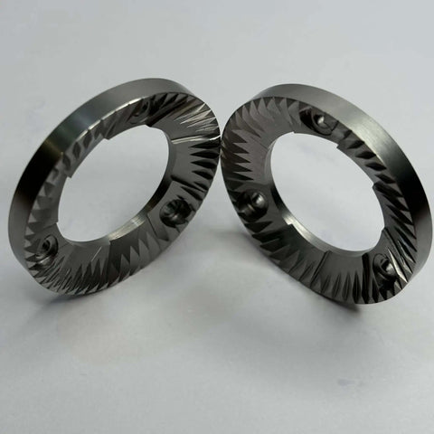 40mm Flat Burr Blade For Electric Espresso Grinders Replacement Part In Stainless Steel, showing side view with grooved details.