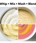 Top Tier Five Speed Electric Hand Mixer With Slick Adjustable Controls And A Sturdy Red Storage Case For Blazing Through Whipping Cream Beating Egg Whites And Making Flawless Batter On The Daily white and pink whipped cream, batter, and mashed potatoes in bowls.