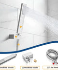 Polished Chrome 12 Inch Square Rain Shower System With Wall Mount High Pressure Rain Shower Head Handheld Sprayer And Rough In Valve With Trim Included For An Easy DIY Bathroom Upgrade, showing handheld sprayer set