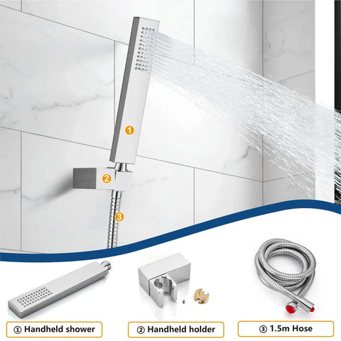 Polished Chrome 12 Inch Square Rain Shower System With Wall Mount High Pressure Rain Shower Head Handheld Sprayer And Rough In Valve With Trim Included For An Easy DIY Bathroom Upgrade, showing handheld sprayer set