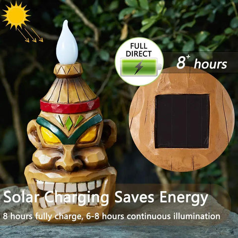 Outdoor Solar Tiki Head Statue With Dancing Flame Glow for Garden Yard Patio Tiki Bar Style Torch Light Figurine