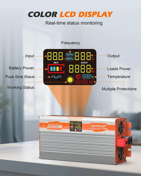 Workhorse 2000W Pure Sine Wave Inverter For RVs And Trucks shown with color LCD display and input-output indicators