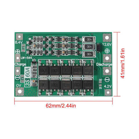 Top Notch 2 Pack 3S 60A BMS Protection Board 12.6V Lithium Battery Balance Charger Module, 62mm x 41mm circuit board design.
